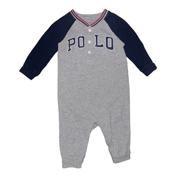 Ralph Lauren Polo Logo Embroidered Bear Baseball Long Sleeve Cotton Onesie Sz 9M - Picture 2 of 8